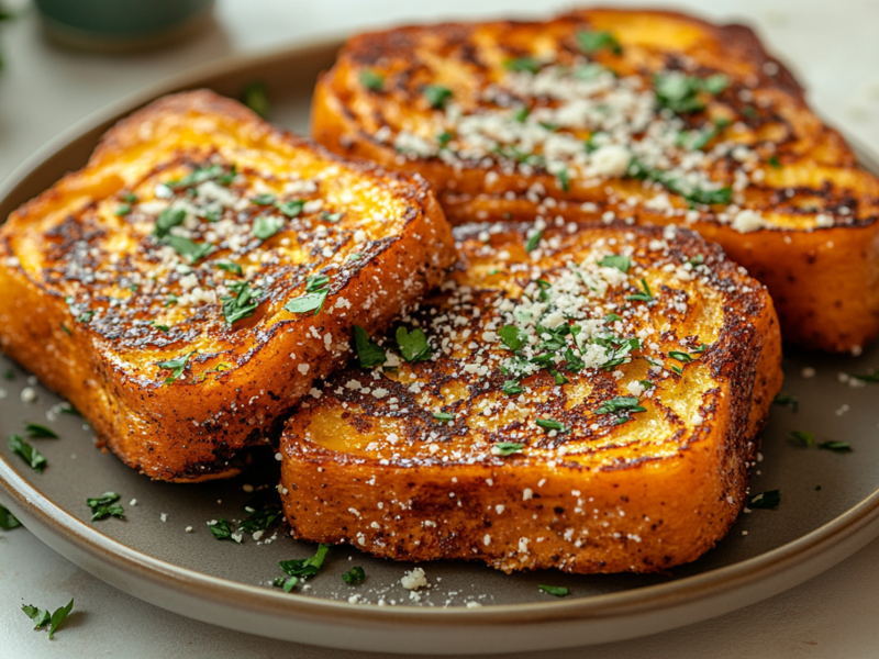 Ein Teller mit herzhaftem French Toast, der mit frischen KrÃ¤utern und geriebenem Parmesan garniert ist. In de rechten, oberen Bildecke ist eine kleine Schale Parmesan zu erkennen. Links im Hintergrund kann man verschwommen frische KrÃ¤uter entdecken.