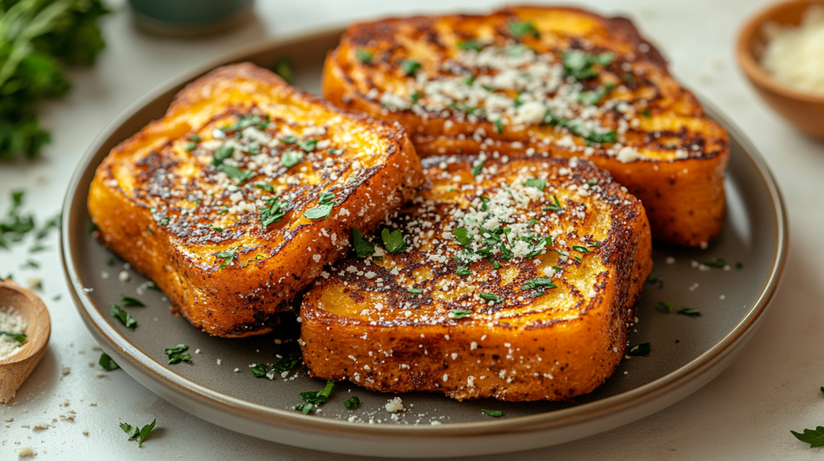 Ein Teller mit herzhaftem French Toast, der mit frischen KrÃ¤utern und geriebenem Parmesan garniert ist. In de rechten, oberen Bildecke ist eine kleine Schale Parmesan zu erkennen. Links im Hintergrund kann man verschwommen frische KrÃ¤uter entdecken.