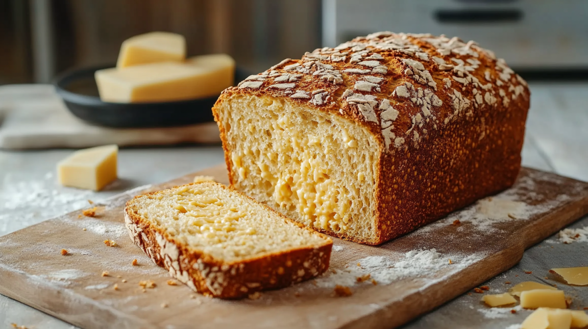 Ein angeschnittenes Käsebrot ohne Hefe.