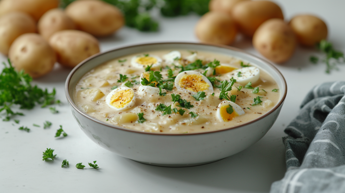 Eine Schüssel Kartoffelsuppe mit Ei, garniert mit Petersilie. Im Hintergrund unscharf einige Kartoffeln.