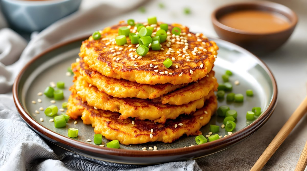 Vier Kimchi-Pancakes liegen aufeinandergeschichtet auf einem Teller. Sie sind mit Frühlingszwiebeln und Sesamsamen überstreut.