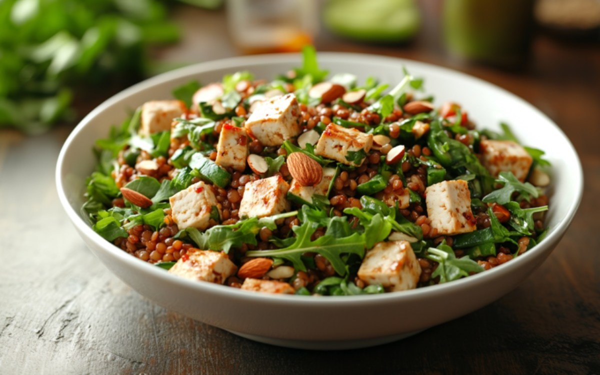 Eine Schüssel veganer Linsensalat mit Tofu.