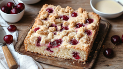 Marzipankuchen mit Kirschen vom Blech auf einer Holzplatte. Daneben liegen frische Kirschen.