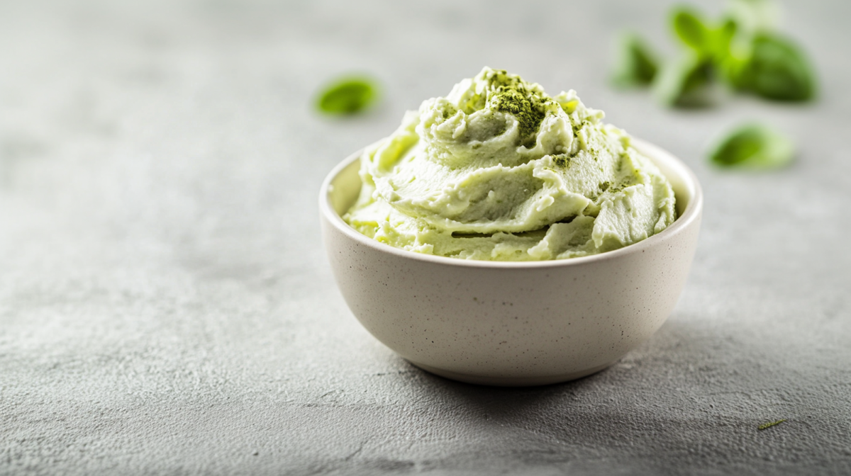 Eine kleine Schale mit cremigem Matcha-Aufstrich bestreut mit einer kleinen Prise Matcha-Pulver. Im Hintergrund sind verschwommen ein paar grÃ¼ne BlÃ¤ttchen zu erkennen. Die Schale steht auf hellem Untergrund.