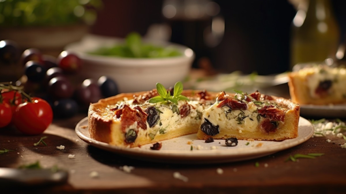 Mediterrane Quiche steht auf einem weißen Teller auf einem dunkelbraunen Holztisch. Die Quiche ist mit getrockneten Tomaten, schwarzen Oliven und Feta gefüllt. Im Hintergrund liegen frische Tomaten, schwarze Oliven und eine Schüssel mit Salat.