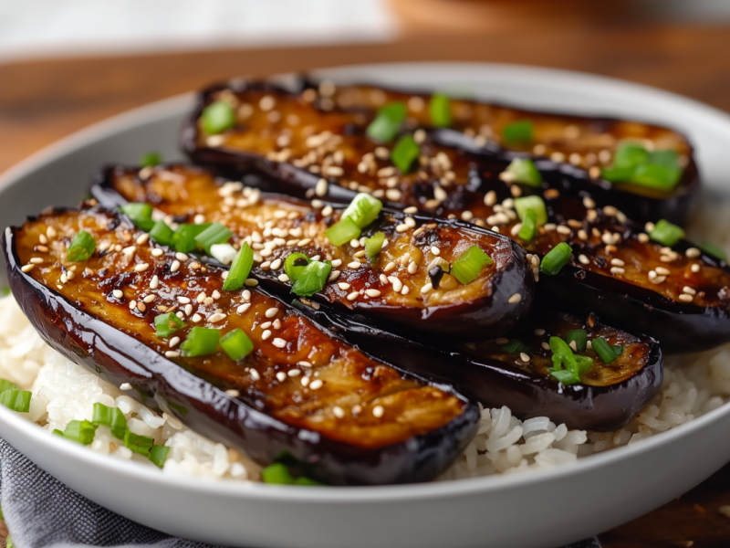 Miso-Auberginen in einer Schüssel mit Reis.