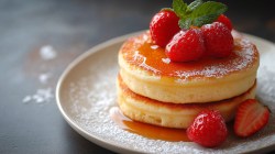 Ein Teller mit zwei Muffin-Pancakes aus der Heißluftfritteuse, garniert mit Ahornsirup und frischen Erdbeeren.