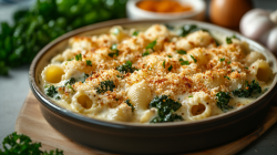 Nudel-Grünkohlauflauf mit Panko-Bröseln.