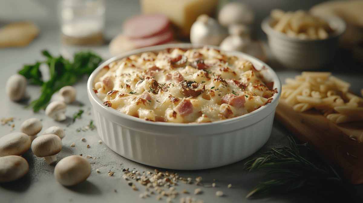 Nudel-Schinken-Gratin mit Pilzen in runder Auflaufform, drumherum Zutaten wie Champignons und rohe Nudeln.