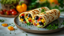 Drei Pfannkuchenwraps liegen zusammengerollt auf einem Teller. Sie sind gefüllt mit Oliven, roten und gelben Paprika, Frischkäse und Avocado. Über ihnen sind einige frische Kräuter verstreut. Vor dem Teller liegt eine halbierte gelbe Tomate. Im Hintergrund liegen weitere Tomaten, Salat und eine gelbe Paprika.