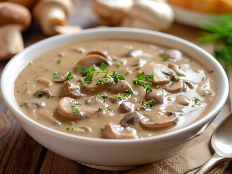 Eine SchÃ¼ssel voll cremigem Pilzeintopf mit weiÃŸen Bohnen, garniert mit frischen KrÃ¤utern. Daneben ein LÃ¶ffel. Im Hintergrund kann man Champignons und anderes GemÃ¼se auf dem Holztisch erkennen.