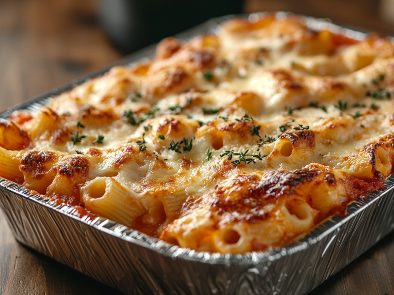 Rigatoni rot-weiß in einer Aluschale, bestreut mit getrockneten Kräutern.