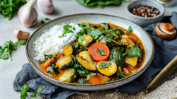 Ein großer Teller Rosenkohl-Curry mit Karotten, Spinat und Champignons, das mit Reis und einem Klecks Joghurt serviert wird. Garniert ist das Ganze mit frischem Koriander. Der Teller steht auf einer hellen Arbeitsplatte auf einem dunklen Tuch. Rings um den Teller liegt eine Knoblauchknolle, frischer Koriander, ein goldener Löffel sowie ein einzelner Pilz. Außerdem kann man eine kleine Schale mit Pfefferkörnern und Blattspinat im Hintergrund erkennen.