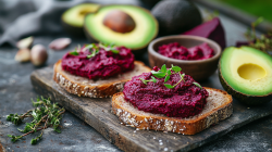 Zwei Brote mit Rote-Bete-Avocadodip liegen auf einem dunklen Holzbrett. Sie sind garniert mit frischen Kräutern, Im Hintergrund liegen aufgeschnittene Avocados und eine Schale mit Rote-Bete-Avocado-Dip.