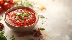 Eine kleine Schüssel Tomaten-Chutney, daneben Zutaten.