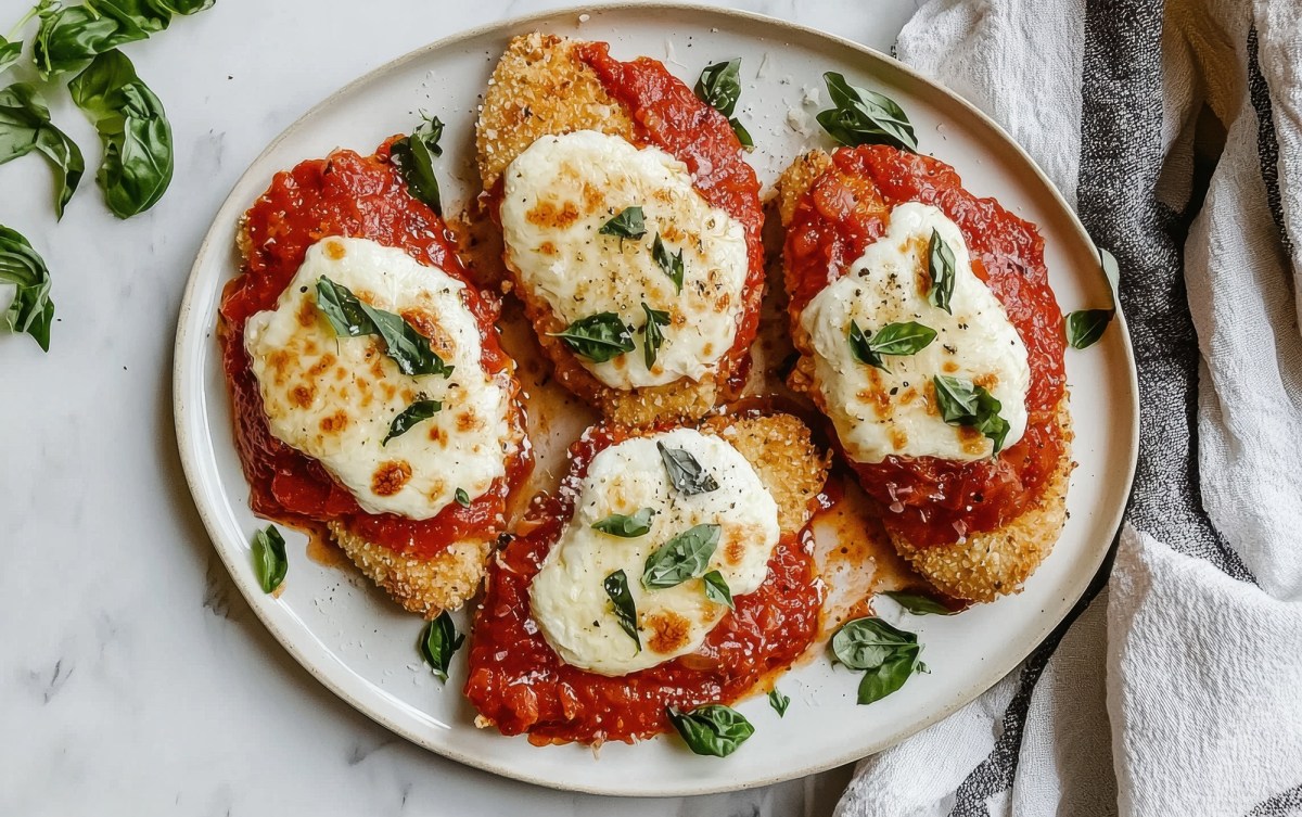 Ein Teller mit vier Ã¼berbackenen HÃ¤hnchenschnitzel mit Tomate und Mozzarella. Garniert sind die Ã¼berbackenen HÃ¤hnchenschnitzel mit frischem Basilikum. Der Teller steht auf einer hellen, marmornen Arbeitsplatte. Rechts vom Teller liegt ein weiÃŸ-schwarz gestreiftes KÃ¼chenhandtuch.