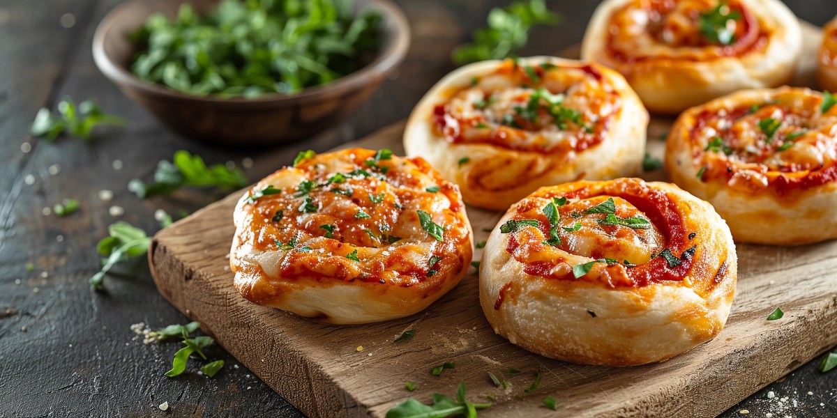 Ein Brett mit veganen Pizzaschnecken bestreut mit Kräutern.