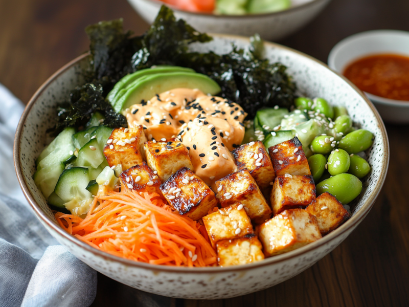 Eine vegane Sushi-Bowl mit gebackenem Tofu, Avocadoscheiben, geriebener Karotte, Edamame, Gurke und Nori-Blättern. Die Schüssel steht auf einem dunklen Holzuntergrund. Links daneben lieg eine Stoffserviette. Im Hintergrund ist außerdem angedeutet eine weitere vegane Sushi-Bowl und eine Schale mit Sriracha-Soße zu sehen.