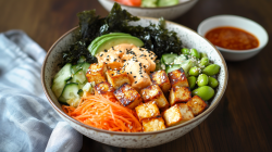 Eine vegane Sushi-Bowl mit gebackenem Tofu, Avocadoscheiben, geriebener Karotte, Edamame, Gurke und Nori-Blättern. Die Schüssel steht auf einem dunklen Holzuntergrund. Links daneben lieg eine Stoffserviette. Im Hintergrund ist außerdem angedeutet eine weitere vegane Sushi-Bowl und eine Schale mit Sriracha-Soße zu sehen.