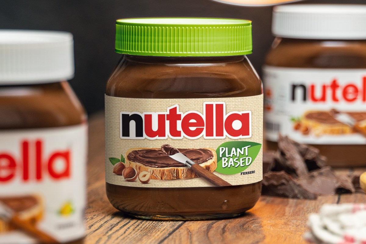 Ein Glas vegane Nutella mit grünem Deckel und grünem 