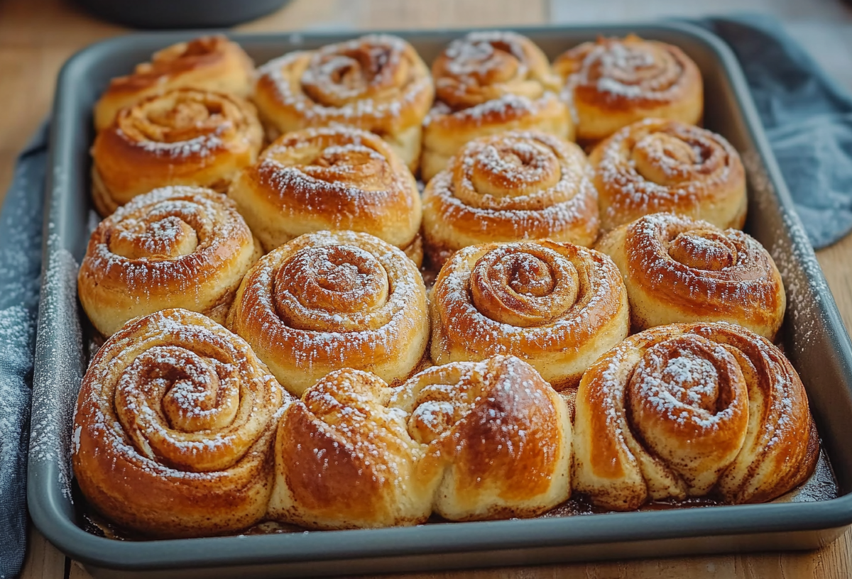 Zimtschnecken vom Blech auf einem Blech, mit Puderzucker bestreut.