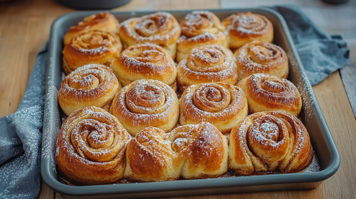 Zimtschnecken vom Blech auf einem Blech, mit Puderzucker bestreut.