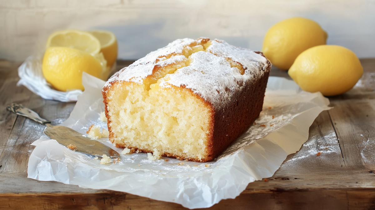 Ein Zitronen-Kastenkuchen mit Puderzucker verziert auf Backpapier, im Hintergrund einige Zitronen.