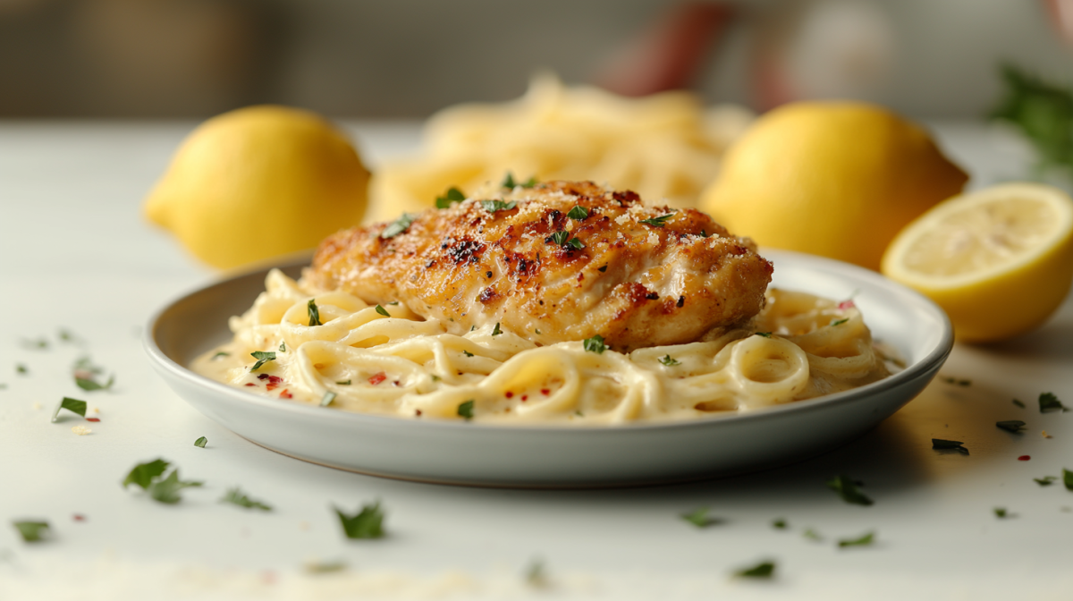 Ein Teller Zitronenpasta mit Hähnchen, drumherum Zitronen und Kräuter.