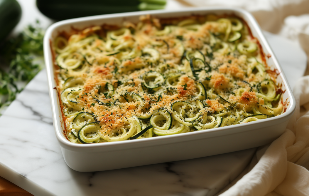 Zoodle-Auflauf mit Pesto in einer weißen Auflaufform. Die Form steht auf einer weißen Marmorplatte. Hinten links liegen zwei Zucchinis. Auf der rechten Seite des Bildes liegt ein weißes Tuch.