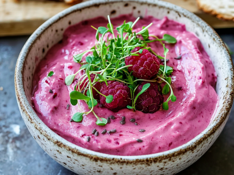 Eine Schüssel Avocado-Himbeer-Aufstrich, garniert mit Sprossen und frischen Himbeeren.