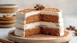 Eine angeschnittene Chai-Torte mit zwei Böden und Frischkäsecreme auf einem runden Brett. Drumherum Zimtstangen und Anissterne.