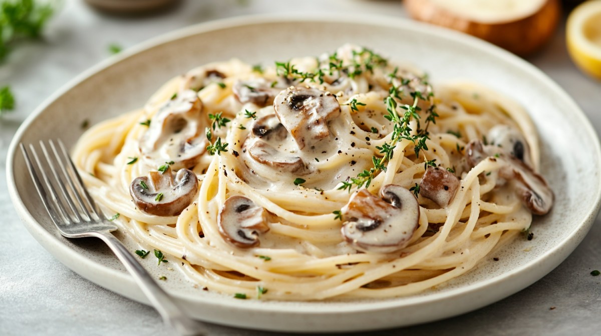 Teller Champignon-Nudeln mit Crème fraîche