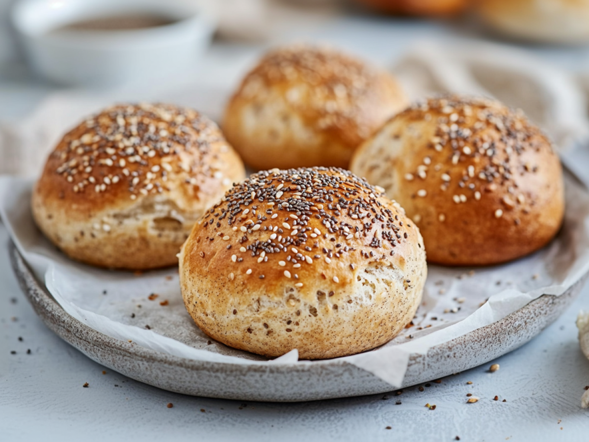 Ein Teller mit weißem Backpapier auf dem vier Dinkel-Skyr-Brötchen liegen, die mit Sesam und Chiasamen bestreut sind. Im Hintergrund kann man verschwommen eine Schale und weitere Brötchen erkennen. Um den Teller liegt ein beiges Küchentuch.