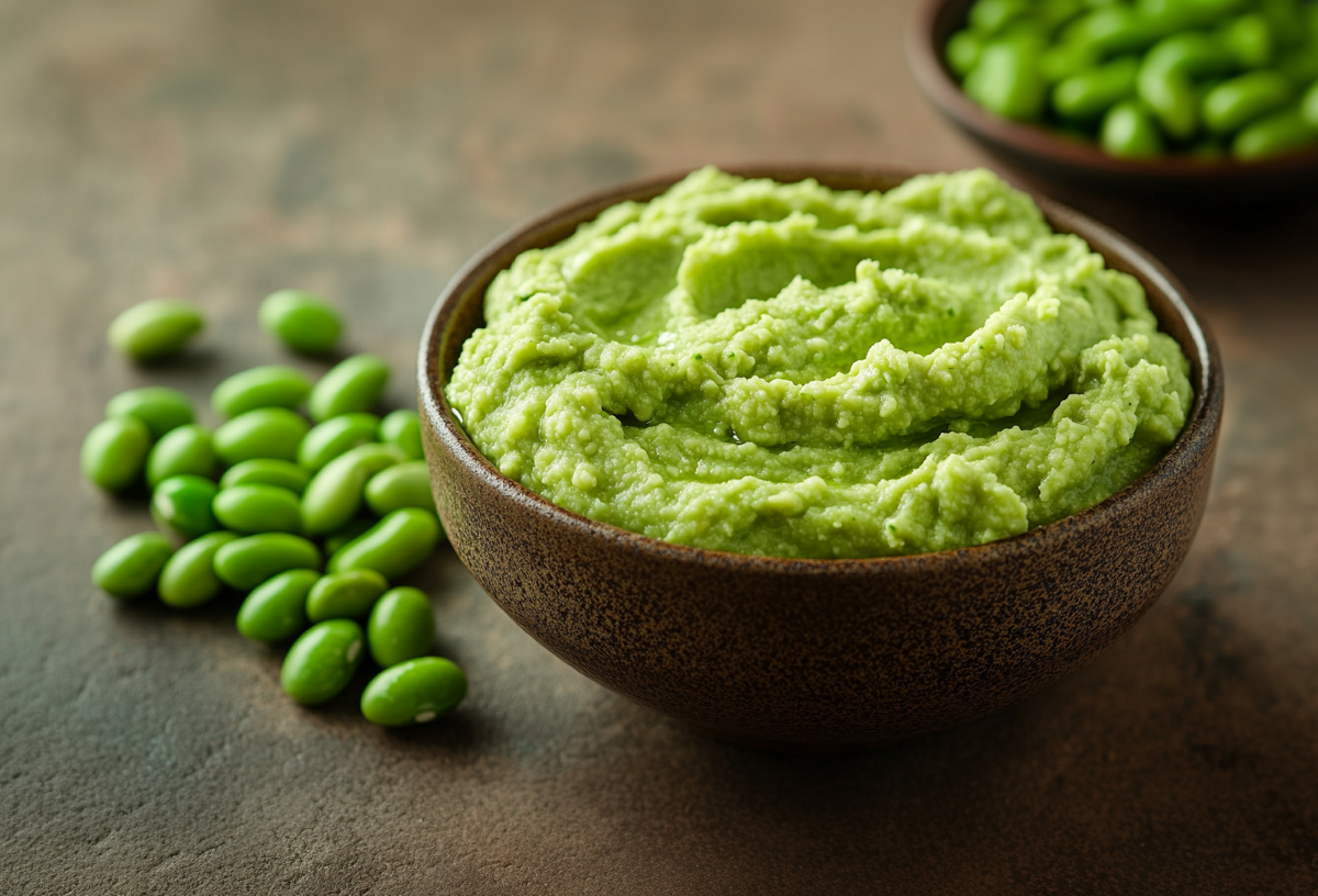 Eine Schale gefüllt mit Edamame-Hummus. Links neben der Schale liegen Edamamebohnen. Im Hintergrund steht eine weitere Schale mit Edamamebohnen.