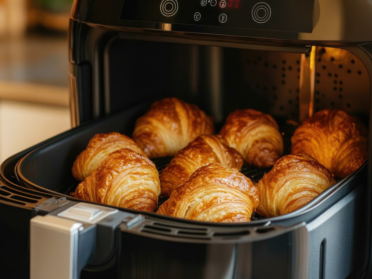 Airfryer-Frühstück: mehrere kleine Croissants im Korb einer Heißluftfritteuse.