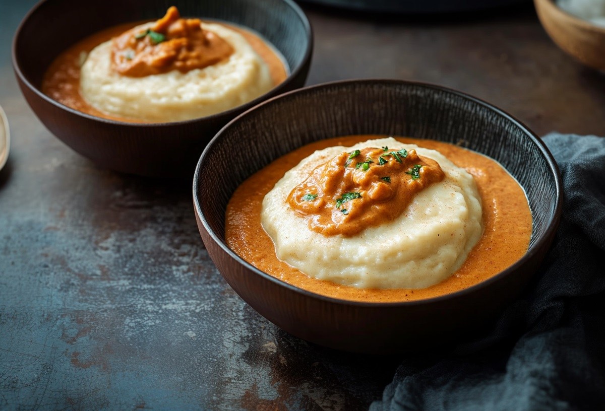 Zwei Schalen Fufu mit Erdnusssoße stehen auf einem dunklen Tisch. Der Fufu ist mit erwas Erdnussoße bedeckt. Links neben der hinteten Schale liegt ein Löffel. Im Vordergrund rechts liegt ein Tuch.