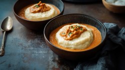 Zwei Schalen Fufu mit Erdnusssoße stehen auf einem dunklen Tisch. Der Fufu ist mit erwas Erdnussoße bedeckt. Links neben der hinteten Schale liegt ein Löffel. Im Vordergrund rechts liegt ein Tuch.