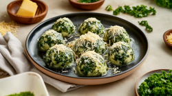 Acht Grünkohl-Knödel liegen auf einem dunklen Teller. Sie sind mit geriebenem Käse garniert. Vorne rechts steht ein Teller mit Grünkohl. Dahinter ein kleiner Teller mit weiterem geriebenen Käse. Im Hintergrund links steht noch eine kleine Holzschale mit einem Stück Käse.