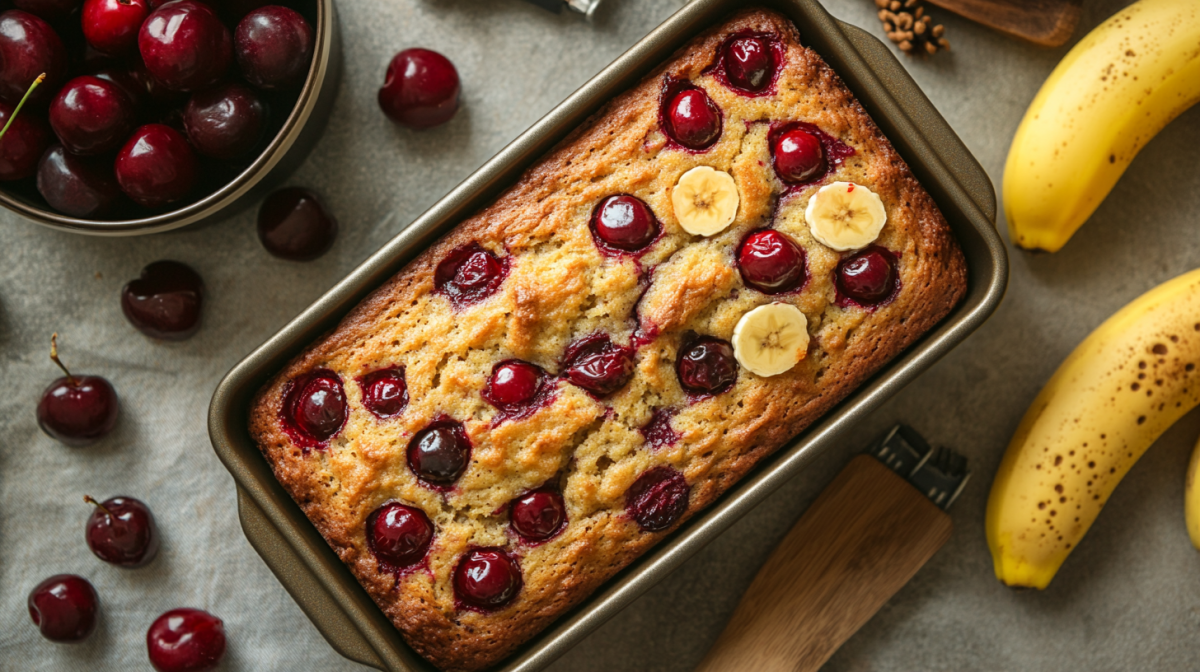 Kirsch-Bananenbrot in einer Kastenform, drumherum Kirschen und Bananen. Draufsicht.