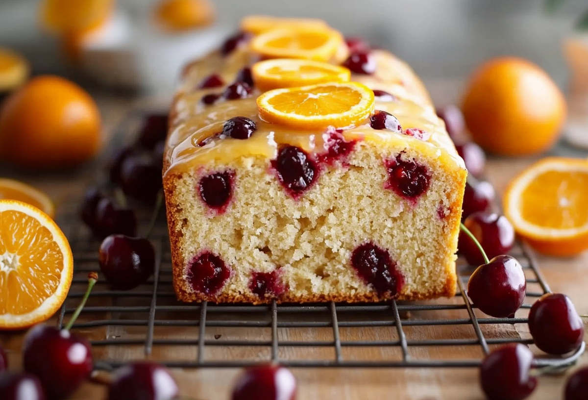 ein angeschnittener Kirsch-Orangenkuchen aus der Kastenform auf einem Kuchengitter, garniert mit Zuckerguss und Orangenscheiben, drumherum Kirschen und Orangen.