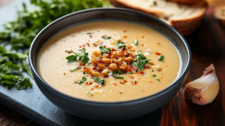 Eine Schale Knoblauch-Kartoffelsuppe, garniert mit Petersilie und geröstetem Knoblauch.