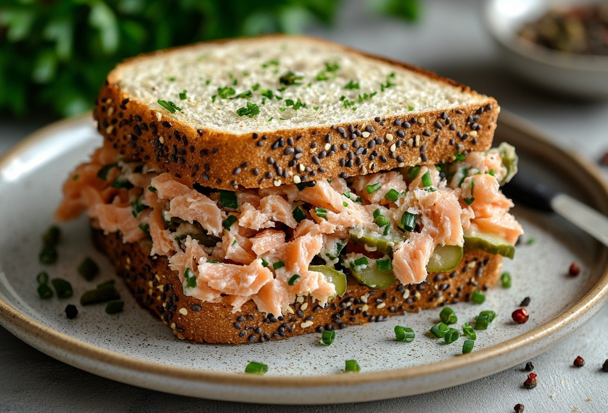 Ein Lachs-Sandwich mit Gewürzgurken auf einem Teller, bestreut mit gehacktem Schnittlauch.