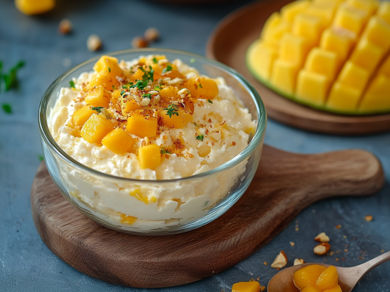 Eine kleine Glasschüssel, die auf einem Holzbrett steht und mit Mango-Frischkäse-Aufstrich gefüllt ist. Garniert ist das Ganze mit Mangowürfeln und fein gehackten Mandeln. Ringsum liegen Mandelsplitter verteilt, frische Kräuter, ein Löffel. Im Hintergrund ist außerdem eine aufgefächerte Mangohälfte zu sehen, deren Fruchtfleisch in Würfel geschnitten ist.