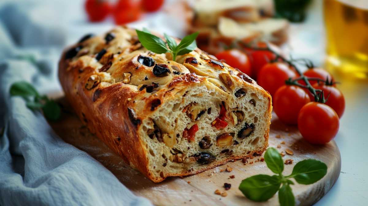 Ein mediterranes Olivenbrot liegt angeschnitten auf einem Holzbrett. Vor und auf dem Brot liegt frischer Basilikum. Neben dem Brot liegen einige Tomaten. Im Hintergrund sieht man weitere Tomaten, Brot und einen Behälter mit Öl.