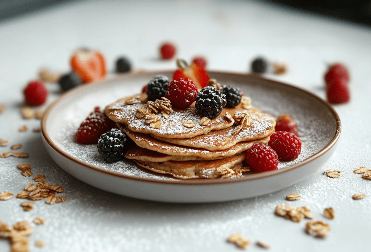 Müsli-Pancakes liegen aufeinandergesapelt auf einem weißen Teller. Sie sind mit Beeren und Puderzucker bestreut. Um den Teller herum liegt Müsli sowie weitere Beeren verteilt.