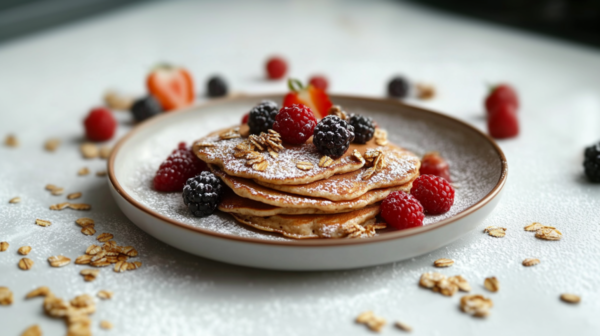 Müsli-Pancakes liegen aufeinandergesapelt auf einem weißen Teller. Sie sind mit Beeren und Puderzucker bestreut. Um den Teller herum liegt Müsli sowie weitere Beeren verteilt.