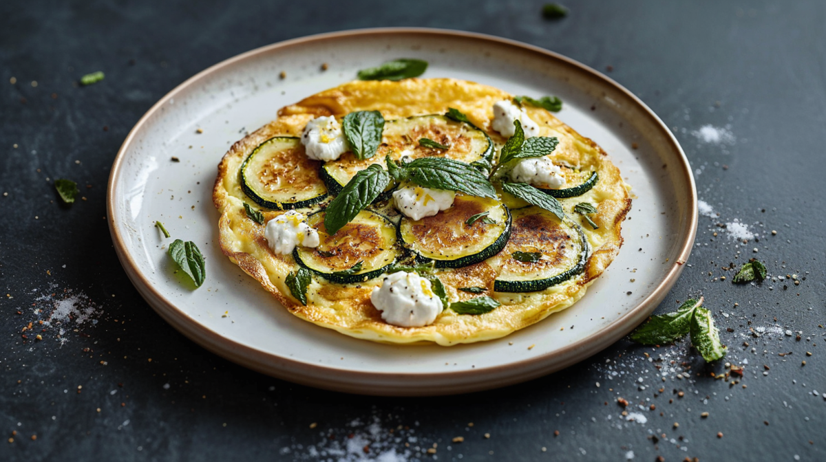 Ein Teller, auf dem ein Omelett mit Zucchini und Ziegenkäse liegt, das mit einigen Blättern frischer Minze und etwas Zitronenabrieb garniert ist. Der Teller steht auf einem dunklen Untergrund. Ringsum liegt Salz, Pfeffer und andere Gewürze verstreut. Außerdem liegen ein paar einzelne Kräuterblätter herum.