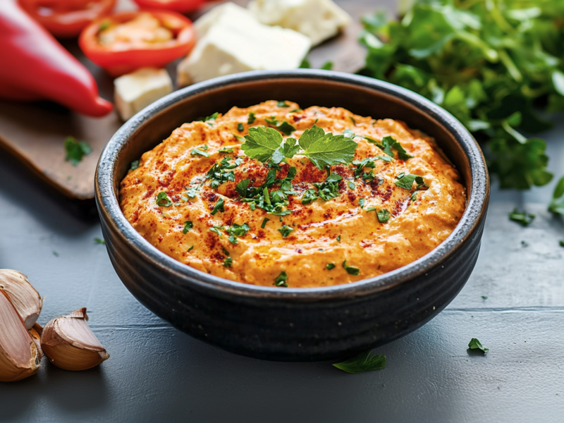 Eine Schale mit Paprika-Feta-Dip, die mit frisch gehacktem Basilikum und Paprikapulver bestreut ist. Im Hintergrund liegt ein Brett, auf dem rote Spitzpaprika und Fetastücke liegen. Neben der Schale mit dem Paprika-Feta-Dip steht eine kleine Schale mit Paprikapulver. Dort daneben liegen einzelne Knoblauchzehen. In der rechten oberen Bildecke ist ein Bund frische Petersilie zu sehen.