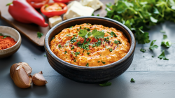 Eine Schale mit Paprika-Feta-Dip, die mit frisch gehacktem Basilikum und Paprikapulver bestreut ist. Im Hintergrund liegt ein Brett, auf dem rote Spitzpaprika und Fetastücke liegen. Neben der Schale mit dem Paprika-Feta-Dip steht eine kleine Schale mit Paprikapulver. Dort daneben liegen einzelne Knoblauchzehen. In der rechten oberen Bildecke ist ein Bund frische Petersilie zu sehen.