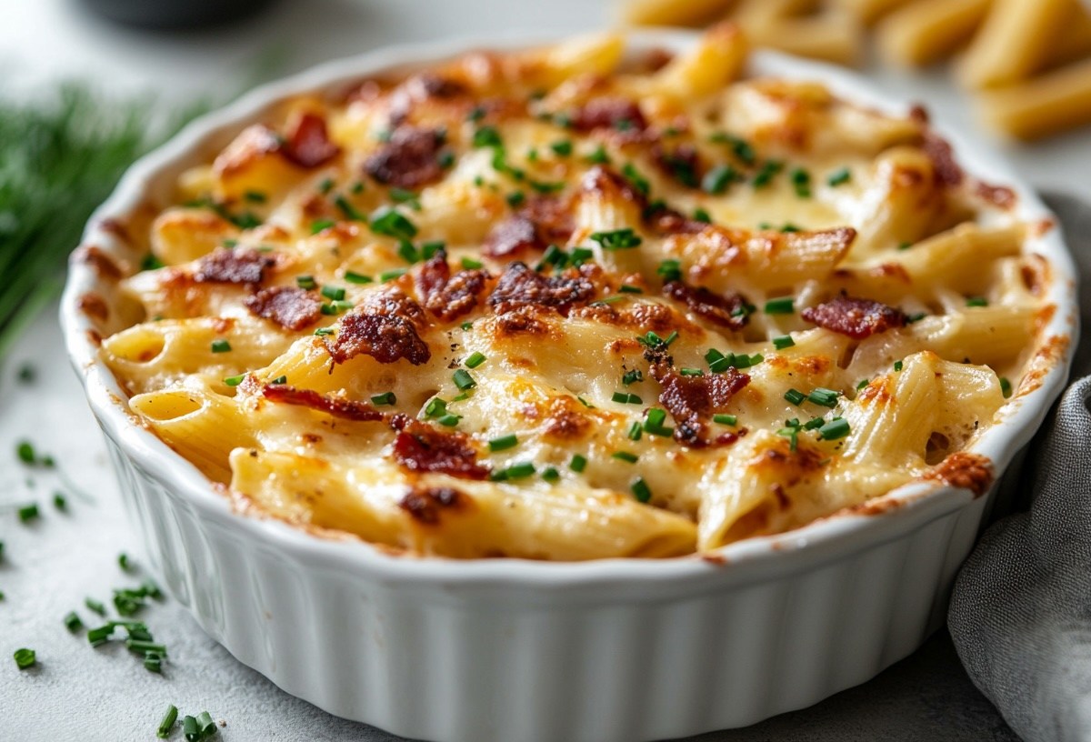 Ein Pasta-Carbonara-Auflauf in runder Auflaufform, drumherum Nudeln und Schnittlauch.